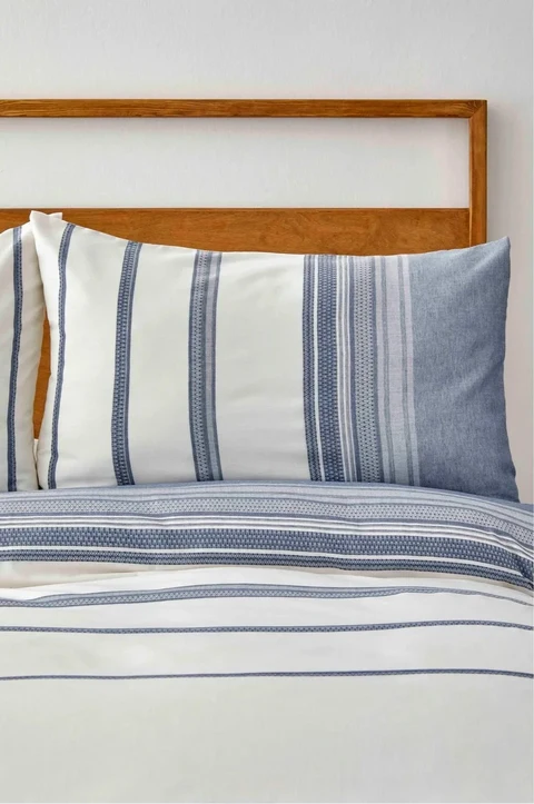 Karaca Home Dobby Woven 100 % Baumwoll-Bettwäsche-Set, Doppelbett, Weiß-Indigo