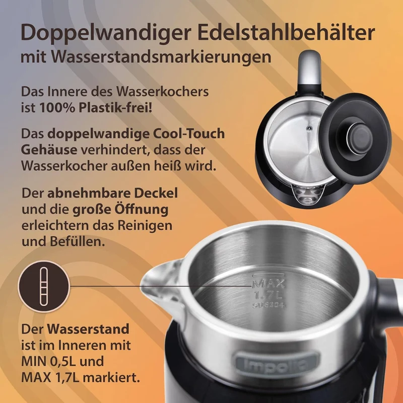 Retro Novo Wasserkocher | Doppelwandig | Edelstahl 1.7 Liter | 2200W |