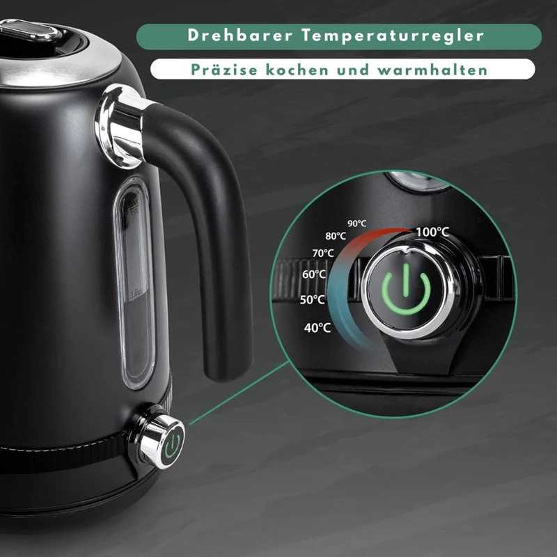 Edelstahl Retro Wasserkocher | Vintage Design | Schwarz | LCD digital Display | 1,7 Liter