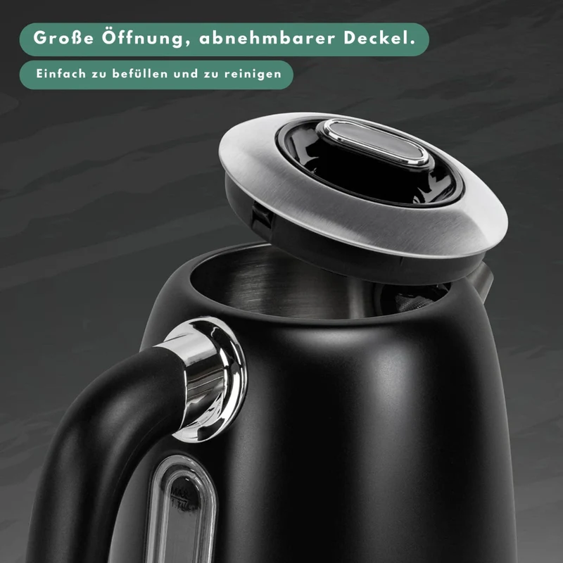 Edelstahl Retro Wasserkocher | Vintage Design | Schwarz | LCD digital Display | 1,7 Liter