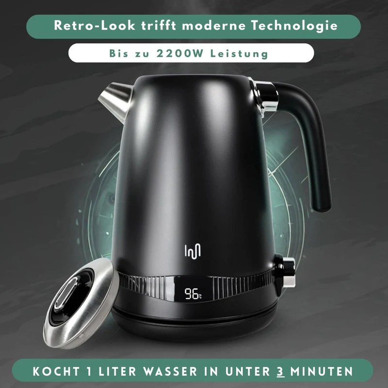 Edelstahl Retro Wasserkocher | Vintage Design | Schwarz | LCD digital Display | 1,7 Liter