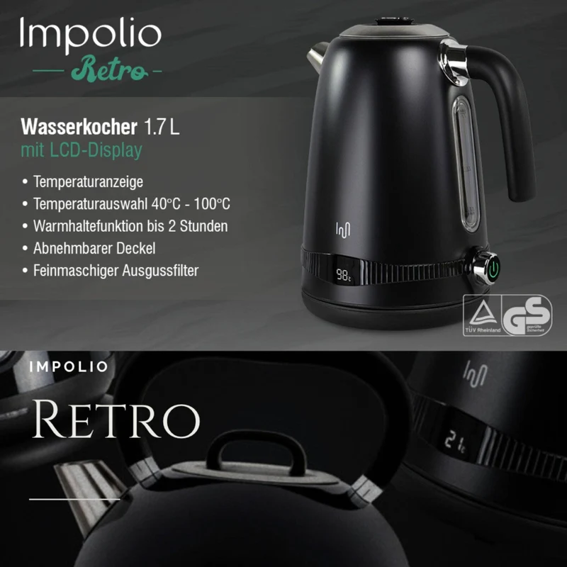 Edelstahl Retro Wasserkocher | Vintage Design | Schwarz | LCD digital Display | 1,7 Liter