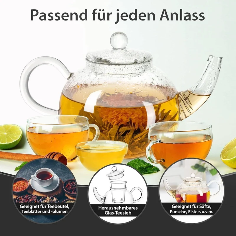 Glas Teekanne mit Teesieb & Glasfilter | 900ml | Kanne
