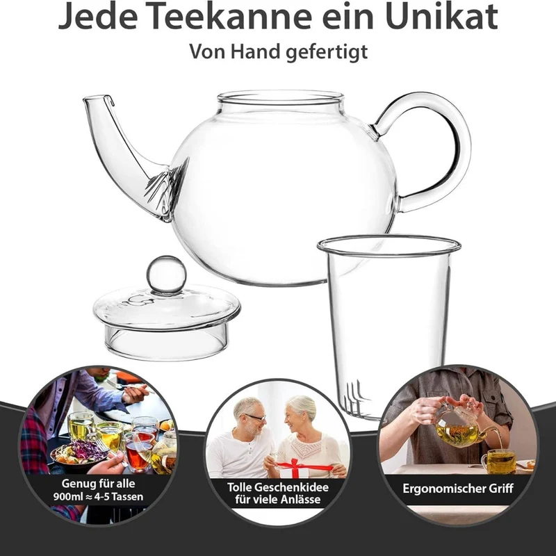 Glas Teekanne mit Teesieb & Glasfilter | 900ml | Kanne