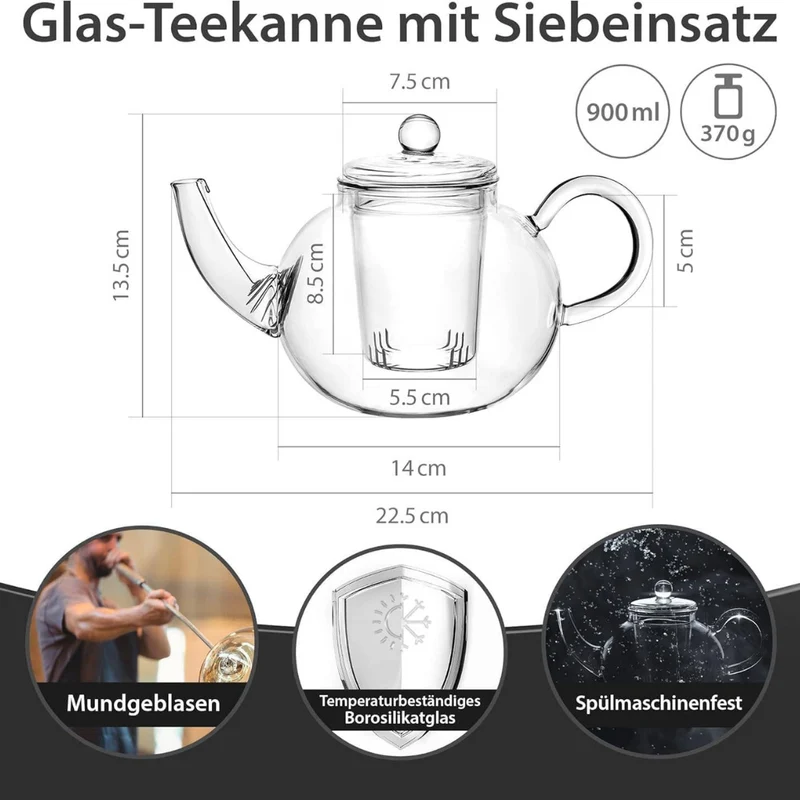Glas Teekanne mit Teesieb & Glasfilter | 900ml | Kanne