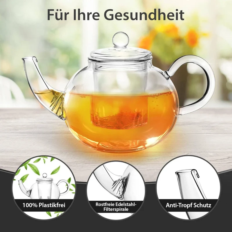 Glas Teekanne mit Teesieb & Glasfilter | 900ml | Kanne