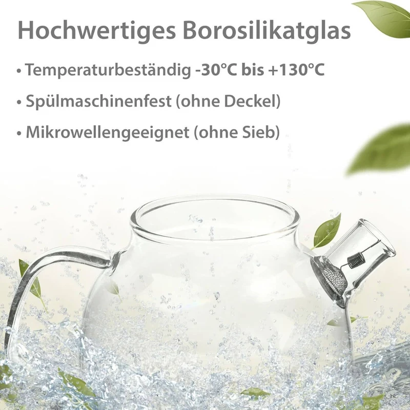 Glas Teekanne mit Siebeinsatz & Holzdeckel | 580ml | Kanne