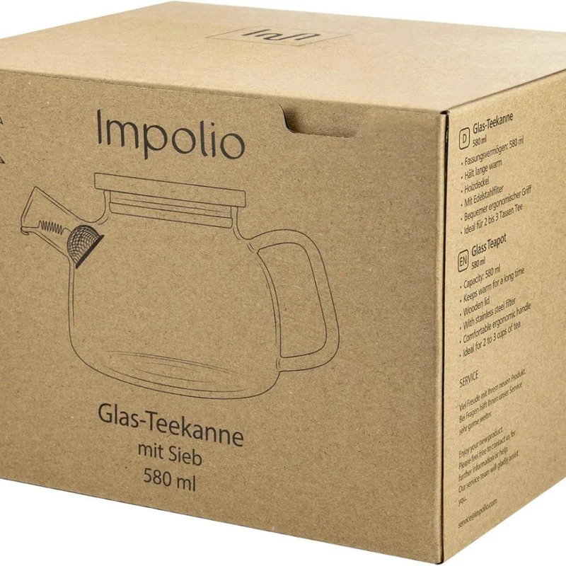 Glas Teekanne mit Siebeinsatz & Holzdeckel | 580ml | Kanne