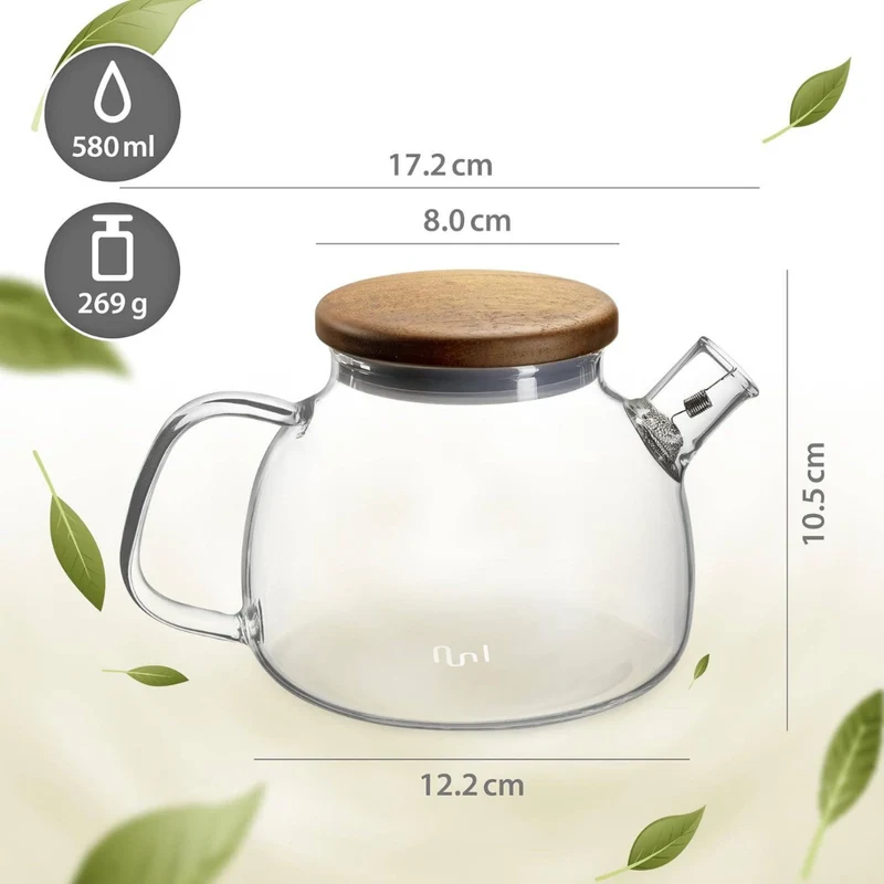 Glas Teekanne mit Siebeinsatz & Holzdeckel | 580ml | Kanne