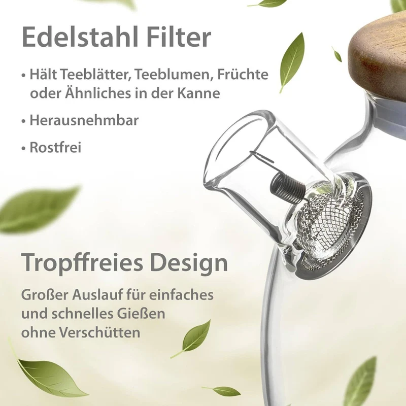 Glas Teekanne mit Siebeinsatz & Holzdeckel | 580ml | Kanne