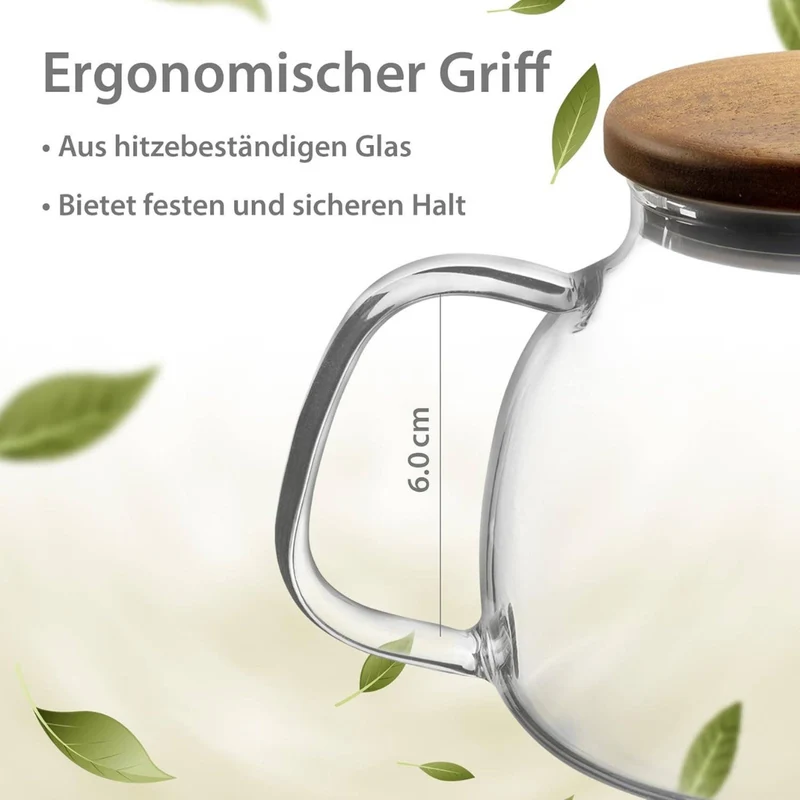 Glas Teekanne mit Siebeinsatz & Holzdeckel | 580ml | Kanne