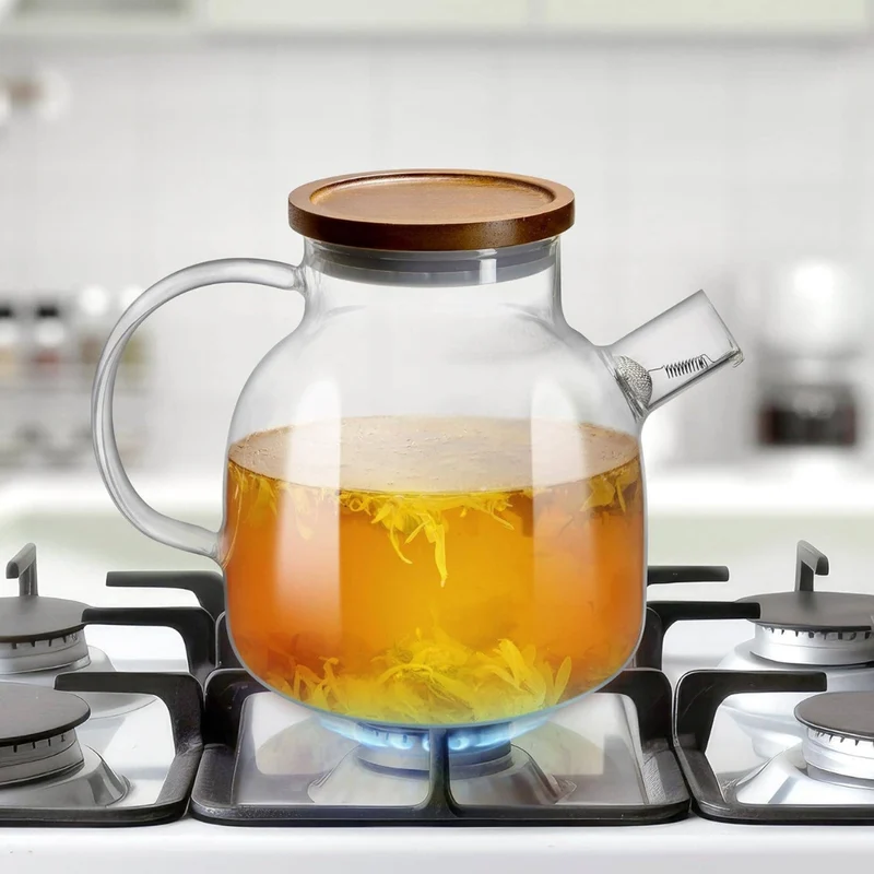 Glas Teekanne mit Siebeinsatz & Holzdeckel | 1400ml | Kanne