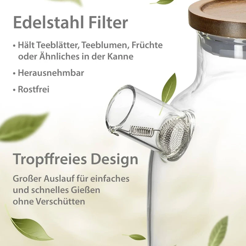 Glas Teekanne mit Siebeinsatz & Holzdeckel | 1400ml | Kanne