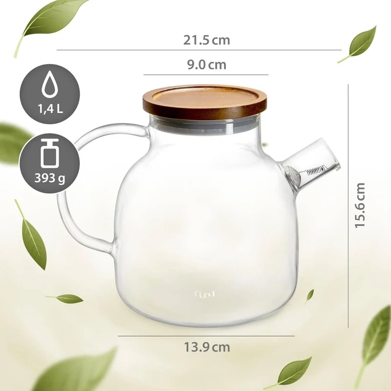Glas Teekanne mit Siebeinsatz & Holzdeckel | 1400ml | Kanne
