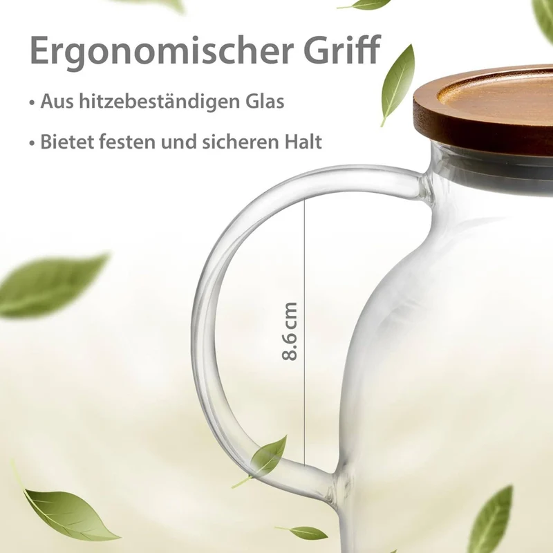 Glas Teekanne mit Siebeinsatz & Holzdeckel | 1400ml | Kanne