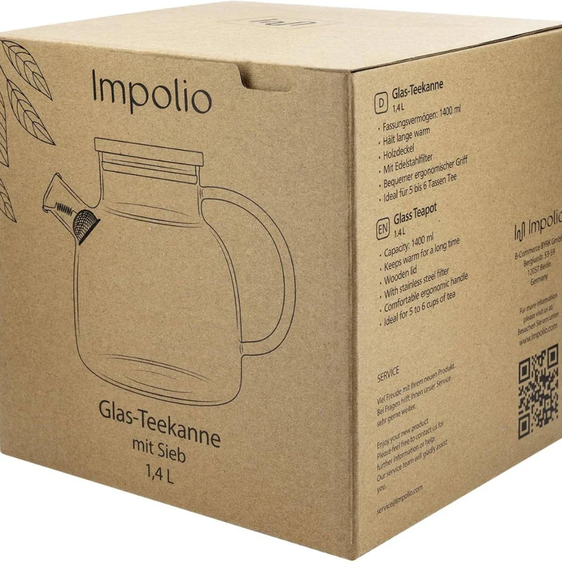 Glas Teekanne mit Siebeinsatz & Holzdeckel | 1400ml | Kanne