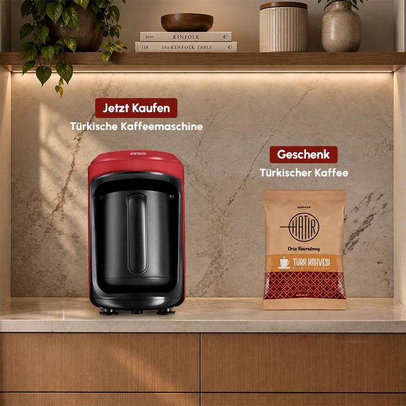 Karaca Hatır Hüps Türkiye – Türkische Kaffeemaschine mit Milchfunktion, 5 Tassen, mit Nationalhymne, Flaggenrot