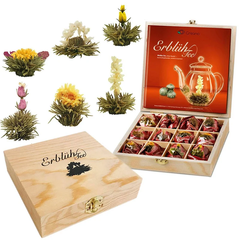 Creano | Teeblumen Geschenkset | Teekiste aus Holz | 12 Kugeln