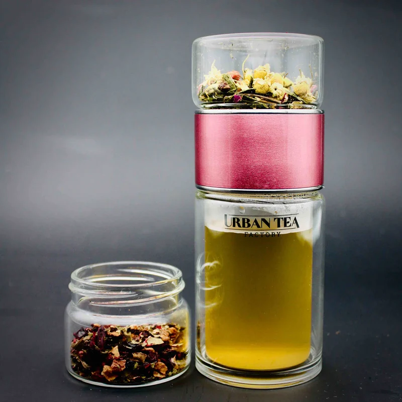 Tea Infuser – Doppelwandige Thermo-Glas-Teeflasche – Pink – Edelstahl | Teezubehör