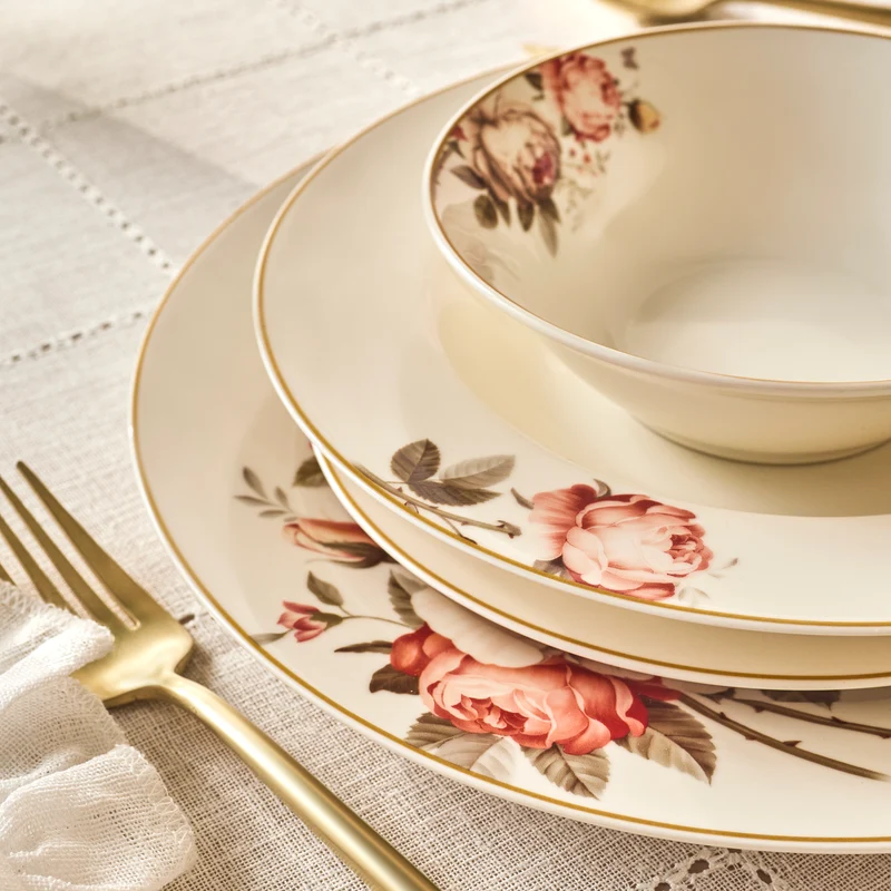 Karaca Bone China Rosie 24-teiliges Tafelservice für 6 Personen, Mehrfarbig