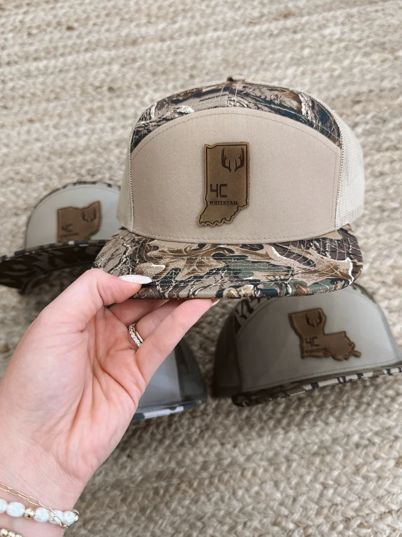 4C Whitetail State Leather Patch Camo Hats- OH, IN, WV, LA