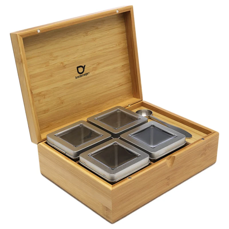 Teebox Bambus mit 4 Teedosen & Teemaßlöffel