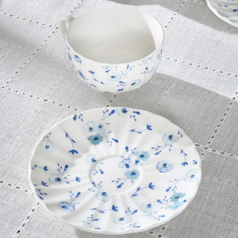 Karaca Blossom Bone-China Teetassen- und Untertassen-Set, 12-teilig, für 6 Personen, 220 ml, Blau