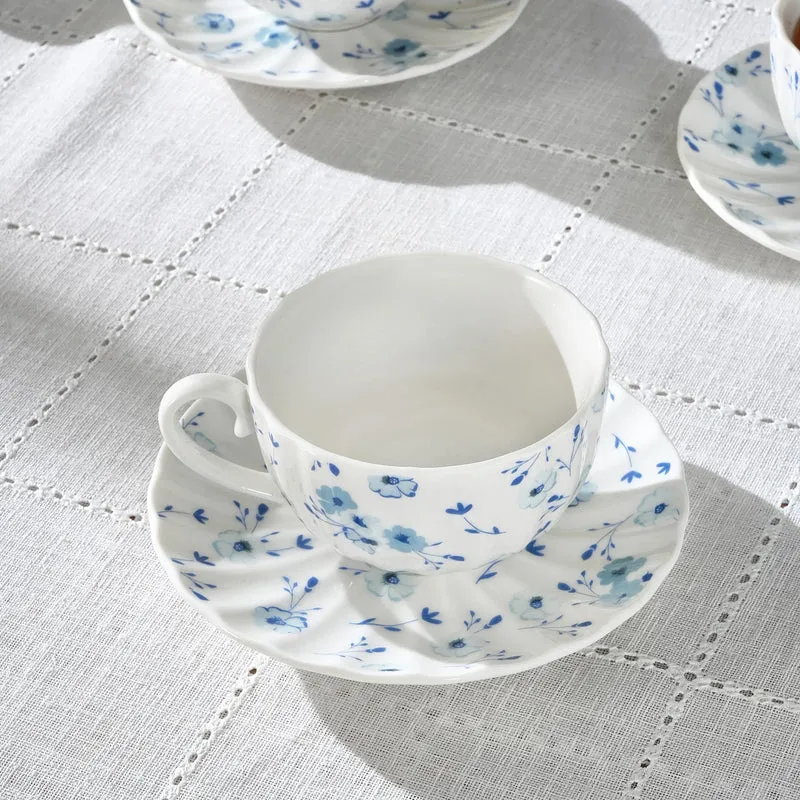 Karaca Blossom Bone-China Teetassen- und Untertassen-Set, 12-teilig, für 6 Personen, 220 ml, Blau