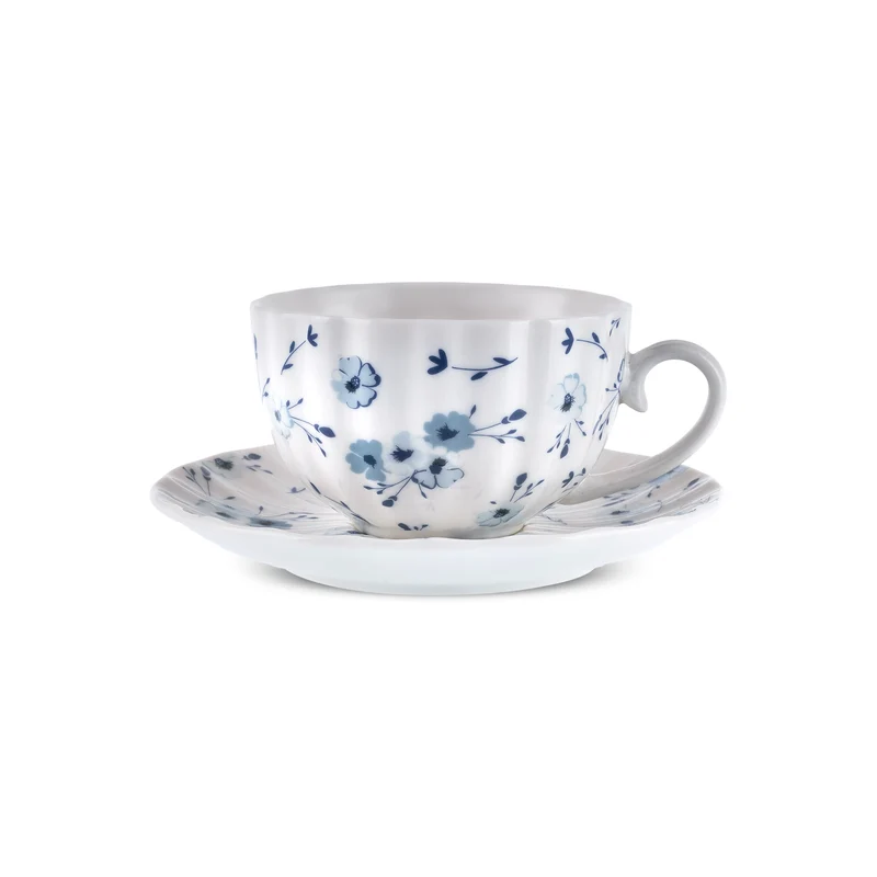 Karaca Blossom Bone-China Teetassen- und Untertassen-Set, 12-teilig, für 6 Personen, 220 ml, Blau