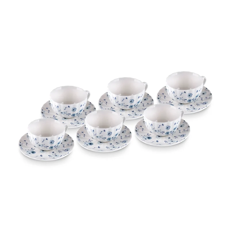 Karaca Blossom Bone-China Teetassen- und Untertassen-Set, 12-teilig, für 6 Personen, 220 ml, Blau