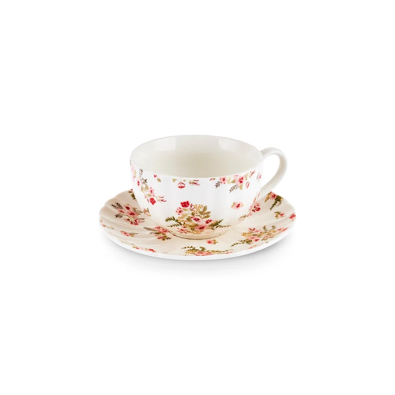 Karaca Blossom Bone-China Teetassen- und Untertassen-Set, 12-teilig, für 6 Personen, 220 ml, Rot