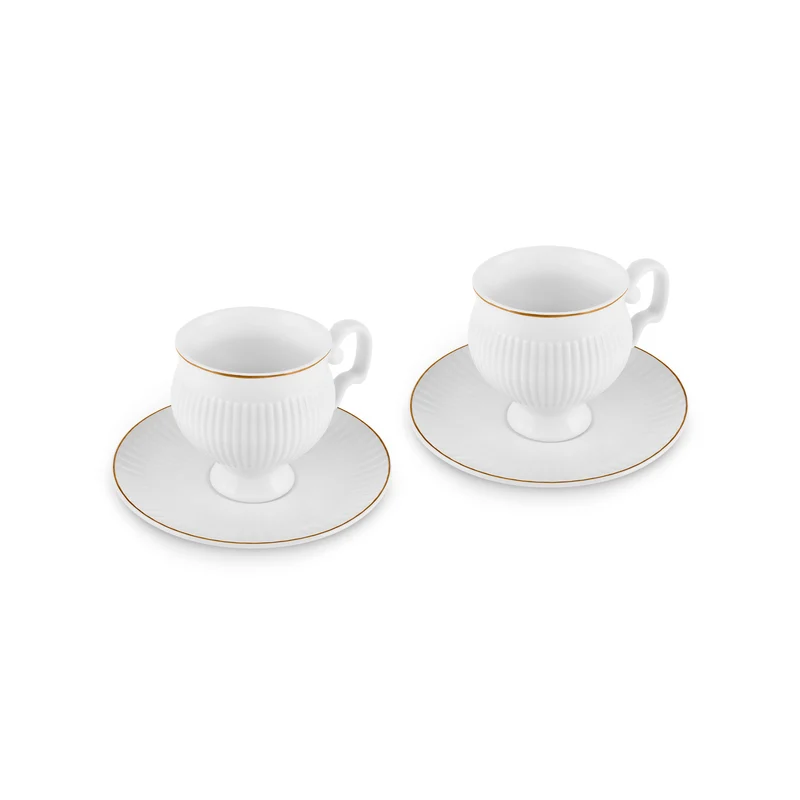 Karaca Malta Bone-China Teetassen-Set mit Untertassen, 4-teilig, für 2 Personen, 210 ml, Gold-Weiß.