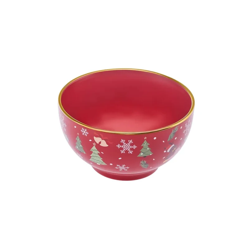 Karaca Weihnachten Porzellan Golden Linie Müsli/Suppen Schüssel, 14cm, Rot