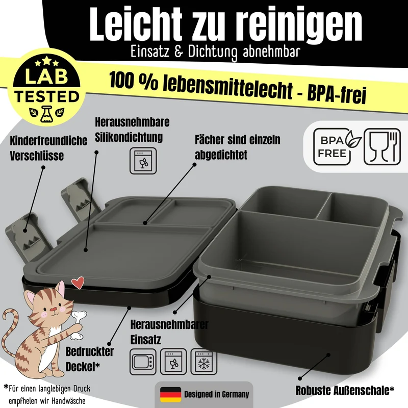 Brotdose mit Fächern, leicht & auslaufsicher - Sticker schwarz
