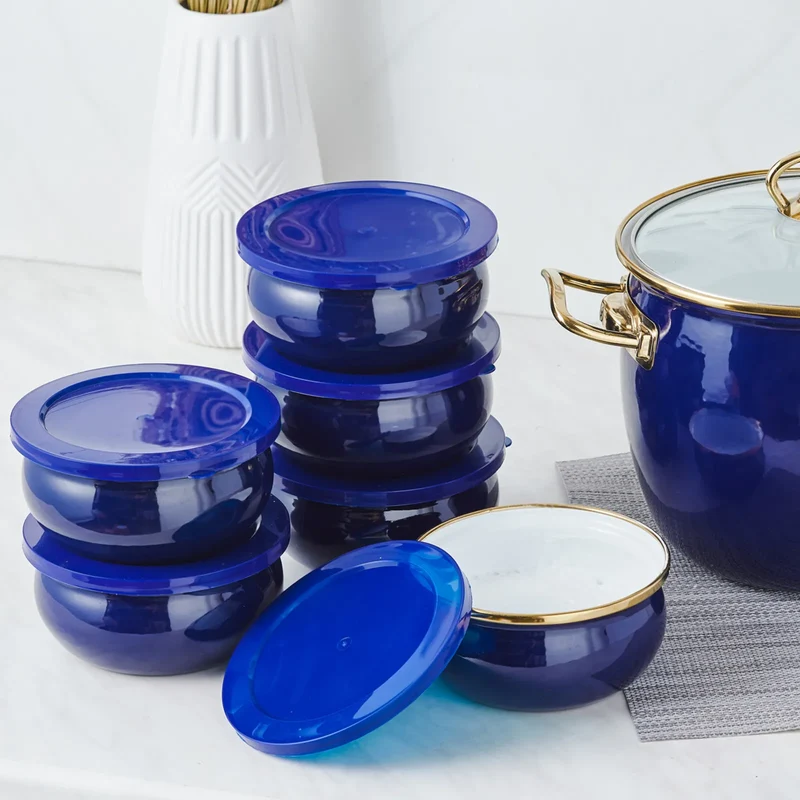 Karaca Retro 8-teiliges emailliertes Joghurt-Fermentier-Set Marineblau