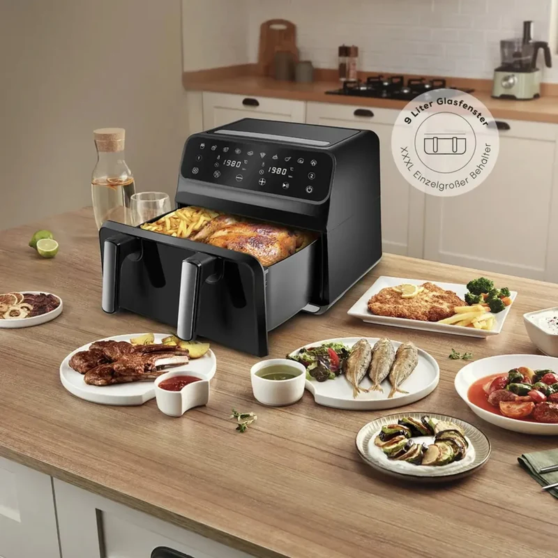 Karaca Multifry XXXL 9 Liter Airfryer Mit Einer Kammer, Trennwand und Glasfenster