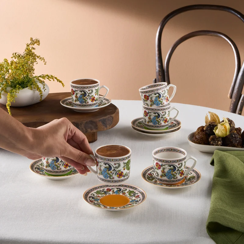 Karaca Yasemen 12-teiliges Bone China Espresso Türkisch-Kaffeetassen-Set für 6 Personen, 80 ml, Mehrfarbig