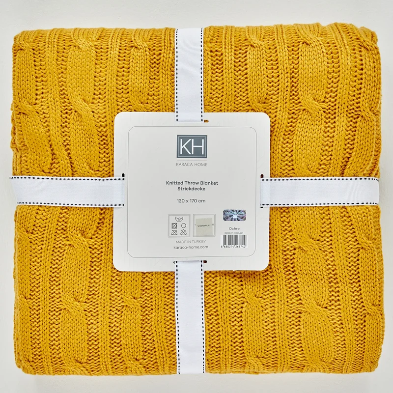 Karaca Home Ochre Cable Knit Throw Öko-Tex Zertifiziert