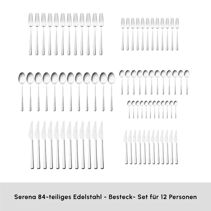 Karaca Serena 84-teilige Edelstahlbesteckset für 12 Personen, Silber