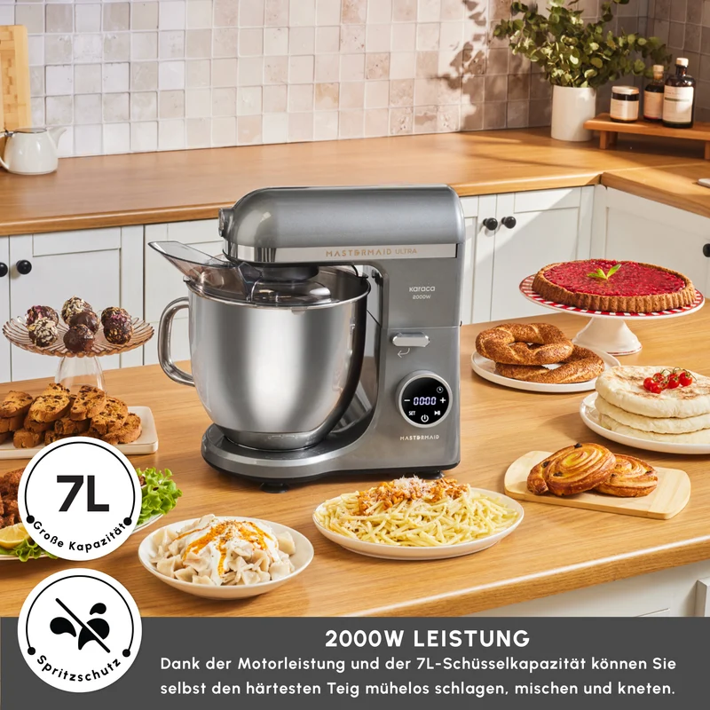 Karaca Mastermaid Chef Ultra D2000W Küchenmaschine mit Digitaldisplay Galaxy Grey 7L