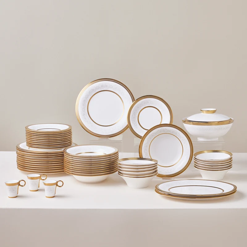 Karaca Royal Bone China Charlotte 55-teiliges Tafelservice für 12 Personen, Gold