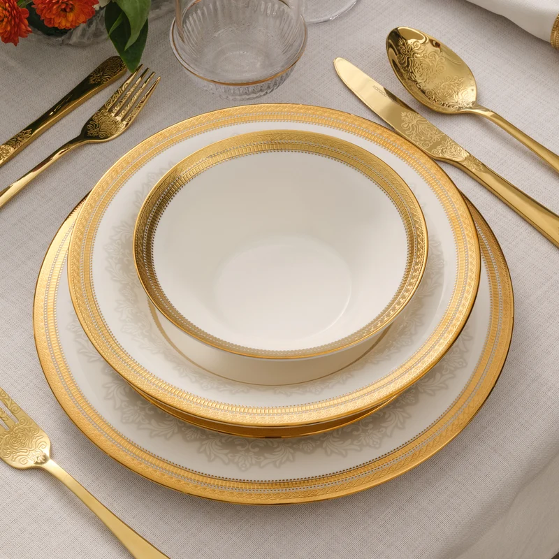 Karaca Royal Bone China Charlotte 55-teiliges Tafelservice für 12 Personen, Gold