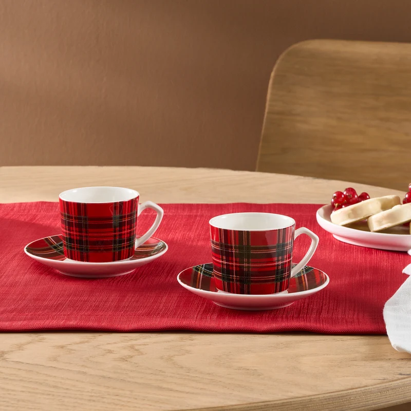 Karaca Ekose V2 4-teiliges Bone China Espresso Türkisch-Kaffeetassen-Set für 2 Personen, 80 ml, Rot