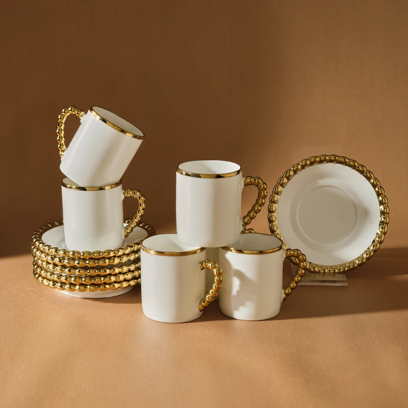 Karaca Boncuk 12-teiliges Bone China Espresso Türkisch-Kaffeetassen-Set für 6 Personen, 80 ml, Weiß Gold