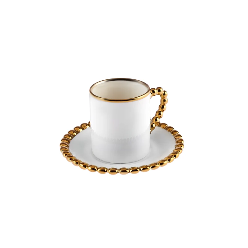 Karaca Boncuk 12-teiliges Bone China Espresso Türkisch-Kaffeetassen-Set für 6 Personen, 80 ml, Weiß Gold