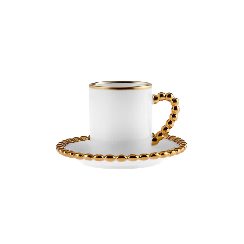 Karaca Boncuk 12-teiliges Bone China Espresso Türkisch-Kaffeetassen-Set für 6 Personen, 80 ml, Weiß Gold