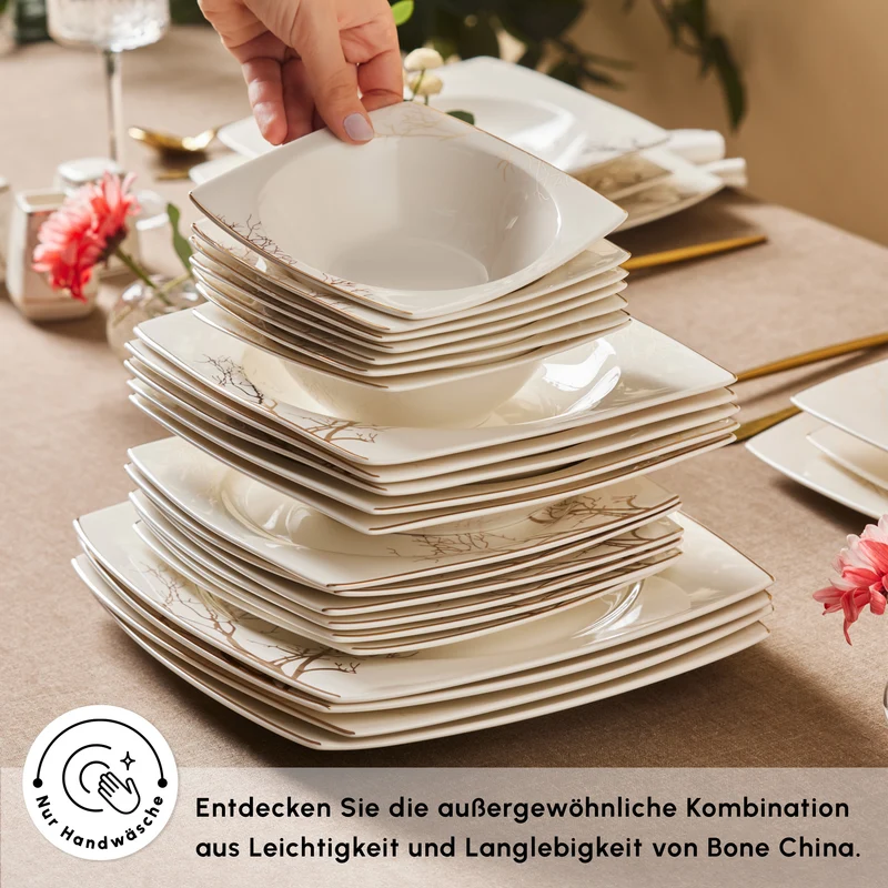 Karaca Square Bone China Autumn 53-teiliges Tafelservice für 12 Personen, Weiß Mehrfarbig