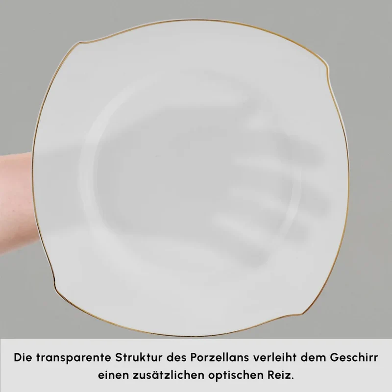 Karaca Square Bone Weiß Gold 53-teiliges Geschirrset für 12 Personen