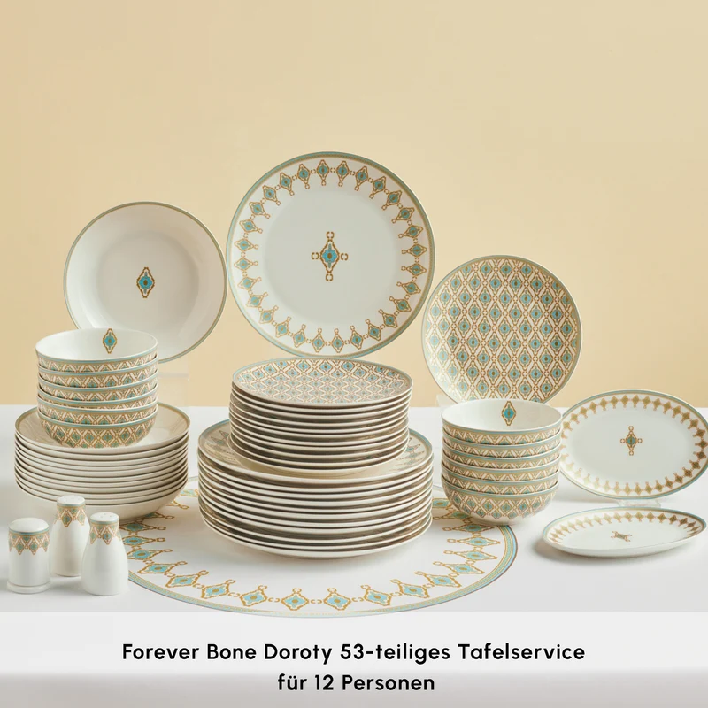 Karaca Forever Bone Dorothy, 53-teiliges Tafelservice für 12 Personen
