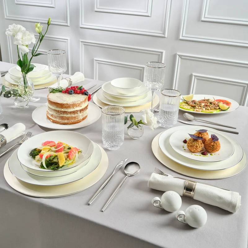Karaca Fine Pearl Extra Chanak 55-teiliges Tafelservice für 12 Personen Platin